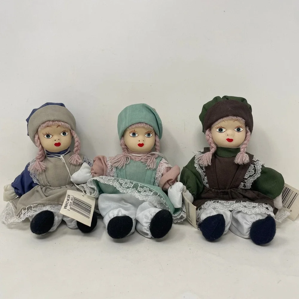 Vintage Porcelain Head Sitting Dolls Trio Lace Aprons Yarn Hair Set of 3